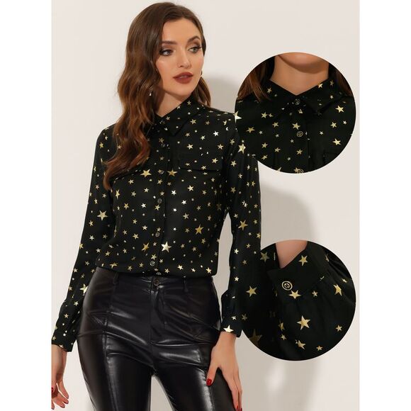 Star Blouse Metallic Gilding Sparkly Shiny Long Sleeve Shirt Black - Picture 2 of 6